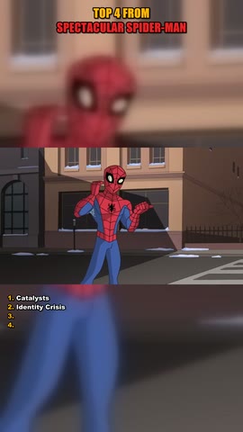 A finished ClipForge render: a top four Spectacular Spider-Man countdown, the clip letterboxed over its own blurred frame with a banner and a numbered list.